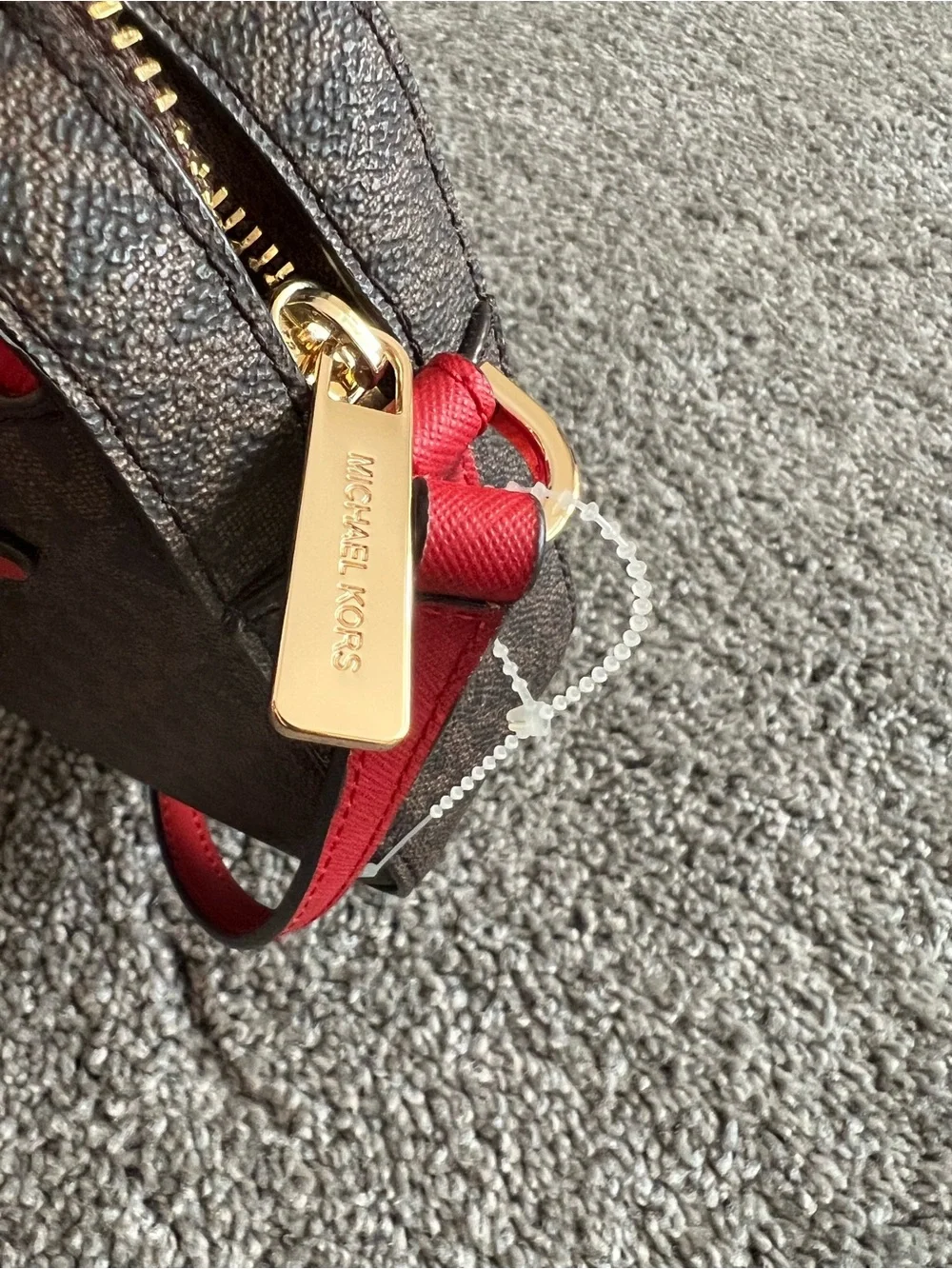 Michael Kors Brown Monogram Crossbody with Red Trim and Gold Chain